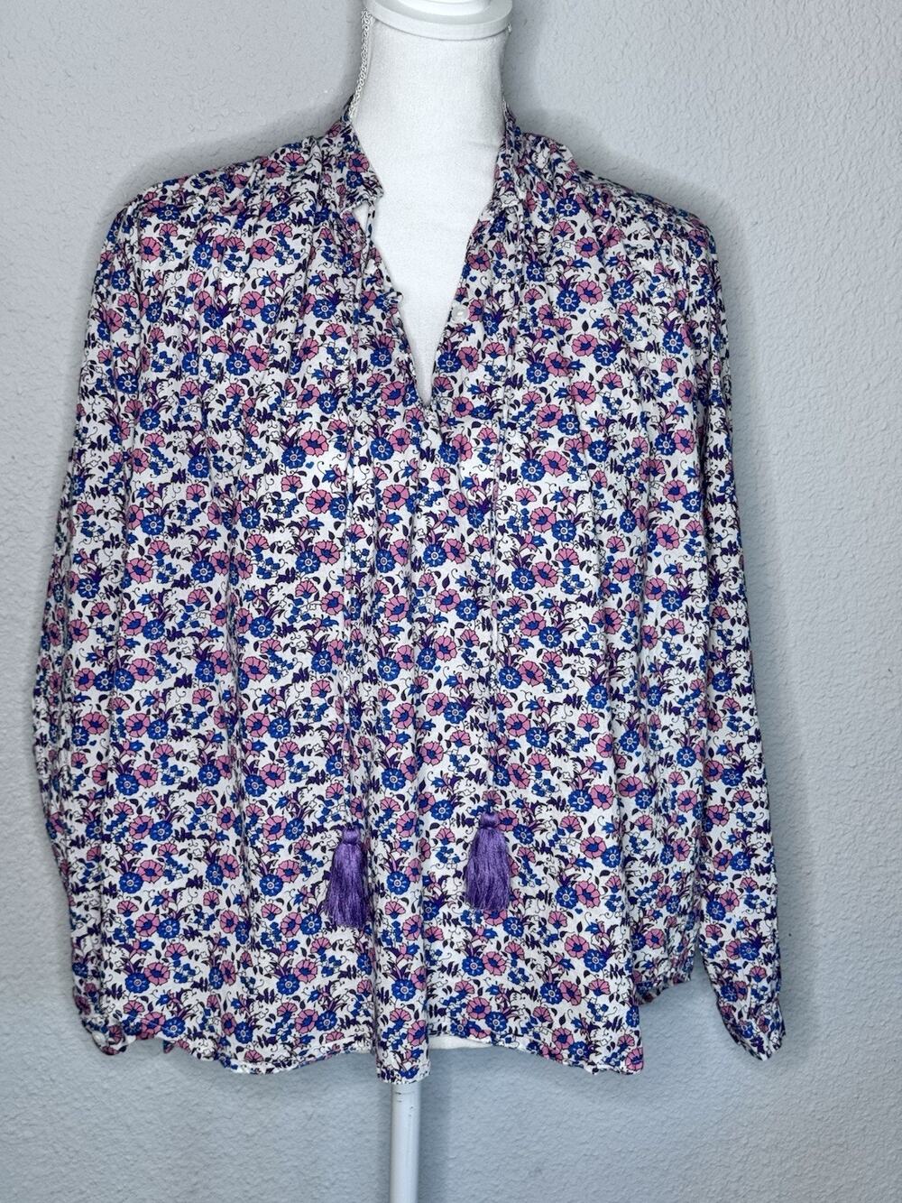 Mille Resort Travel Floral Blouse SZ M Long Sleeve 100% Cotton Pink Blue White